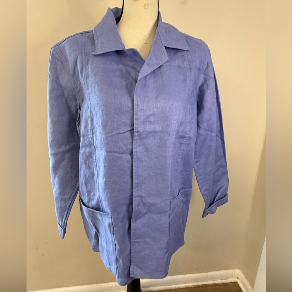 Coldwater Creek 100% linen purple open front jacket roomy pockets collar SZ Med